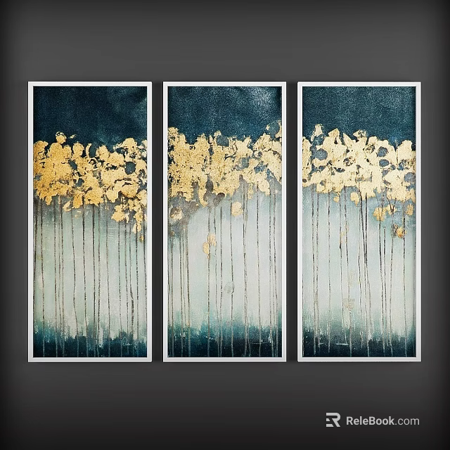 Modern Abstract Triptych Painting With Deep Blue Background And Gold Elements 3d model 