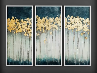 Modern Abstract Triptych Painting With Deep Blue Background And Gold Elements 3d model