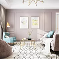 Modern Elegant Living Room Interior With Pink Sofa Green Armchair Gold Coffee Table And Wooden Accent Wall