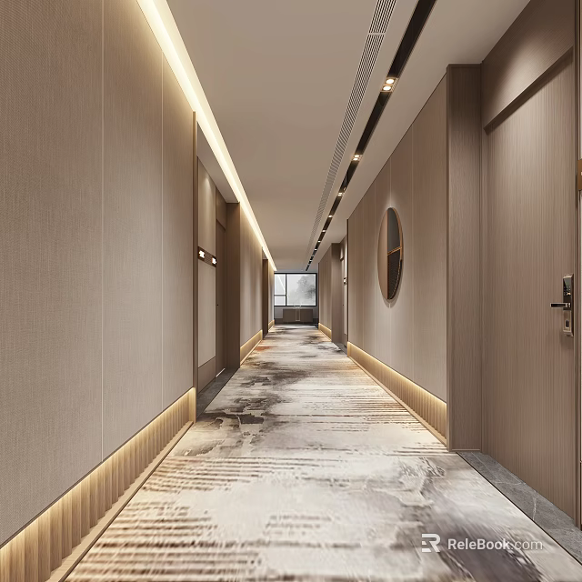 Modern Elevator Corridor With Warm Lighting And Carpet 3d model 