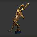 Golden Animal Skeleton Model in Standing Pose with Blue Base and Gray Background