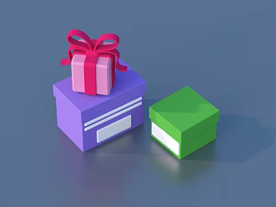 Pink Gift Box With Red Bow On Purple Box And Green Box Nearby 3d model
