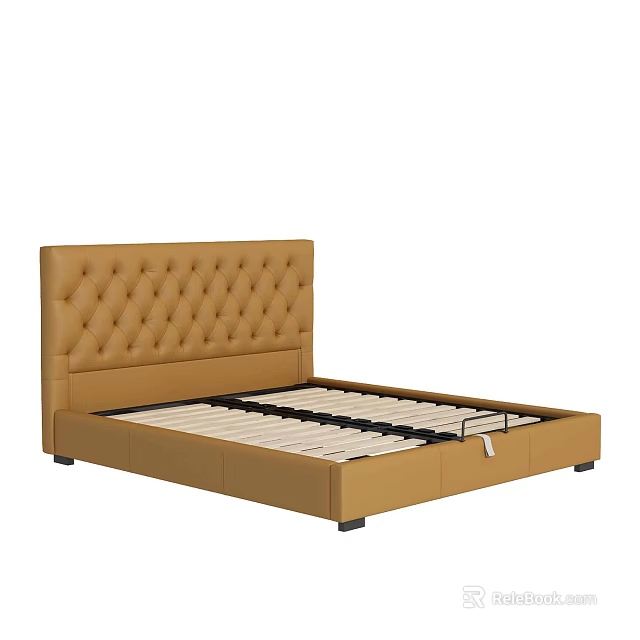 Modern Brown Upholstered Double Bed With Tufted Headboard And Slat Support 3d model 