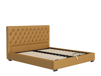 Modern Brown Upholstered Double Bed With Tufted Headboard And Slat Support 3d model