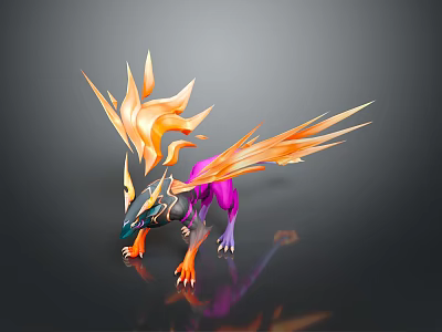 Vibrant Mythical Game Character With Orange Wings Flaming Mane Purple Body And Sharp Claws 3d model