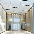 Modern Front Desk Reception Lobby Design With Glass Elements And Warm Lighting 3d model
