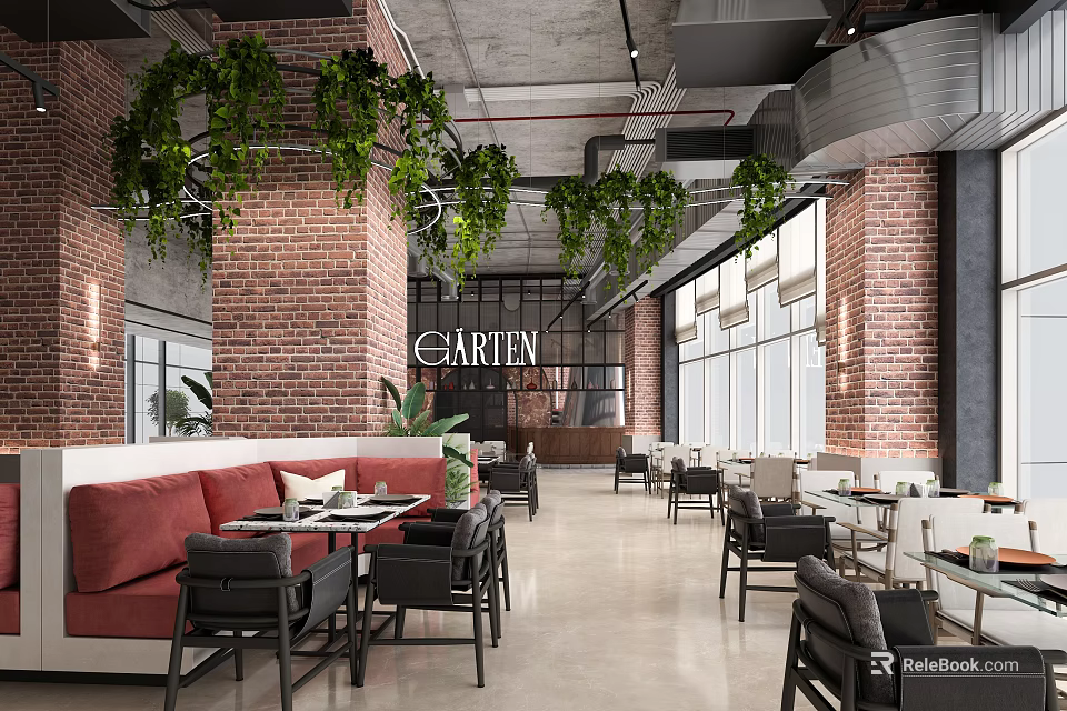 EARTEN Restaurant with Brick Walls Hanging Green Plants Red Sofas Black Tables and Large Windows 3d model 