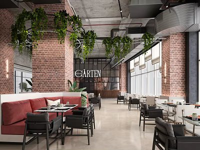 EARTEN Restaurant with Brick Walls Hanging Green Plants Red Sofas Black Tables and Large Windows 3d model