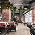 EARTEN Restaurant with Brick Walls Hanging Green Plants Red Sofas Black Tables and Large Windows 3d model
