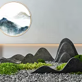 Karesansui Garden Design With Round Landscape Painting Gray Wall Rock Formations Green Moss And Pebbles
