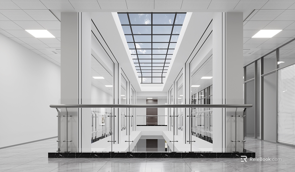Modern Elevator Hallway Design With Glass Railings Skylight And Marble Floor 3d model 