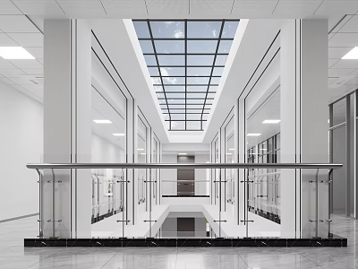 Modern Elevator Hallway Design With Glass Railings Skylight And Marble Floor 3d model