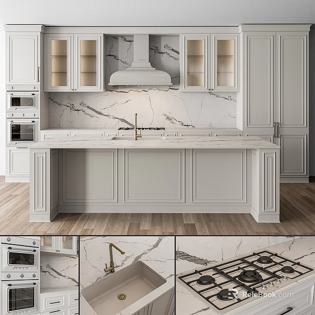 White Kitchen Cabinets with Marble Countertops Island Range Hood and Built in Ovens 3d model 