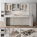 White Kitchen Cabinets with Marble Countertops Island Range Hood and Built in Ovens