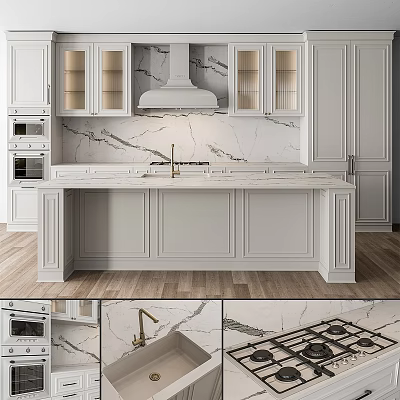 White Kitchen Cabinets with Marble Countertops Island Range Hood and Built in Ovens 3d model