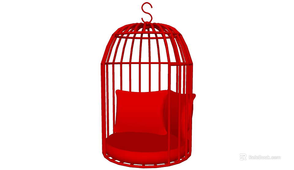 Red Birdcage Shaped Public Chair With Cushioned Seat And Hanging Design 3d model 