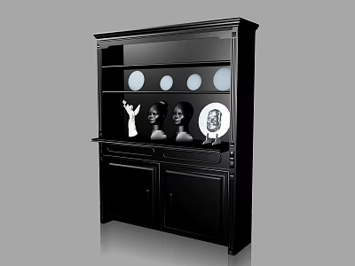 Black Bookcase Featuring Circular Panel Shelves With Decorative Sculptures And Framed 3d model