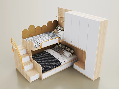 Wooden Bunk Bed with Stairs Storage Drawers and White Wardrobe for Kids Room 3d model