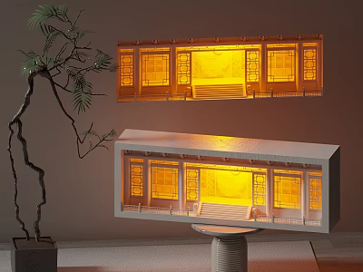 Traditional Style Decorative Lights Illuminating Miniature Buildings with Warm Yellow Glow and Potted Green Plant 3d model