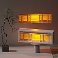 Traditional Style Decorative Lights Illuminating Miniature Buildings with Warm Yellow Glow and Potted Green Plant