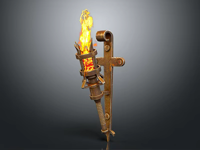 Burning Torch With Rusty Metal Construction And Flaming Fire On Bracket Against Gray Background 3d model
