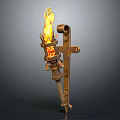 Burning Torch With Rusty Metal Construction And Flaming Fire On Bracket Against Gray Background