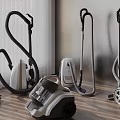 Various Styles of Household Vacuum Cleaners Displayed on Indoor Wooden Floor
