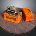 Vintage Hand Crank Coffee Grinder And Wooden Storage Box On Round Platter