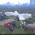 Modern Geometric Sales Office Building At Evening With Green Lawn People Gathering And Urban Skyline