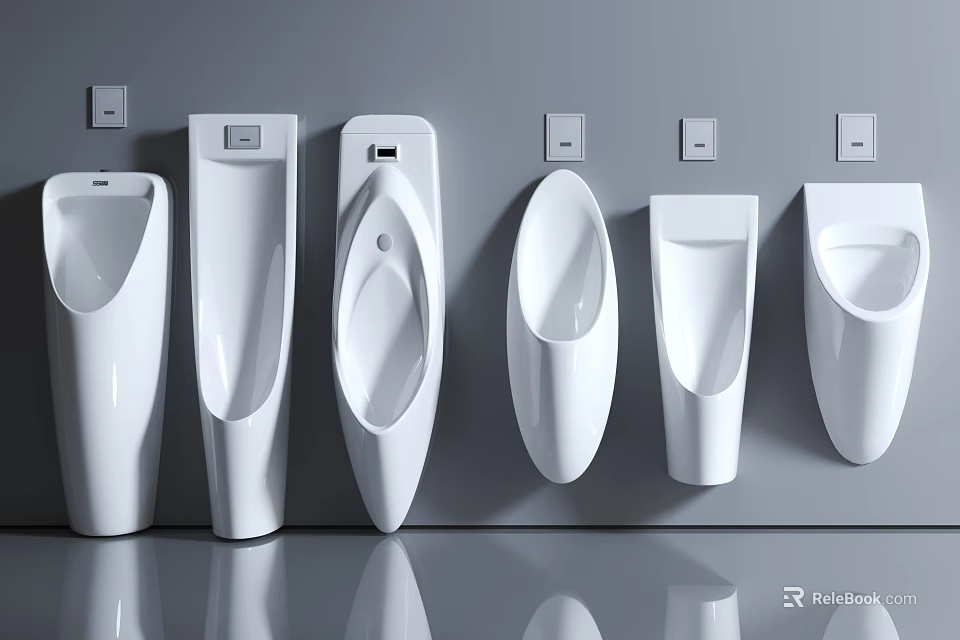 Modern White Urinals With Various Designs Arranged On Gray Wall And Clean Reflective Floor 3d model 