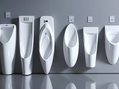 Modern White Urinals With Various Designs Arranged On Gray Wall And Clean Reflective Floor 3d model