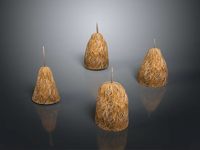 Scenic Rural Landscape With Four Conical Haystacks In Open Field 3d model