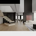 Modern Minimalist Open Plan Living And Dining Space With Stylish Floating Staircase And Soft Sofa