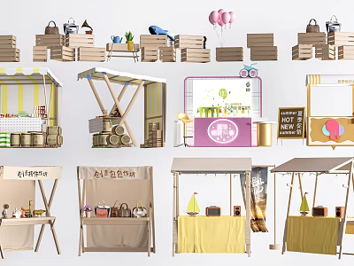 Colorful Market Stalls With Various Styles Canopies And Display Setups 3d model