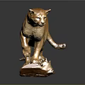 Brown Ceramic Leopard Sculpture Standing On Wooden Base With Glossy Surface