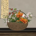 Traditional Wicker Basket Arrangement With Orange Chrysanthemums White Lilies Red Flowers And Green Leaves