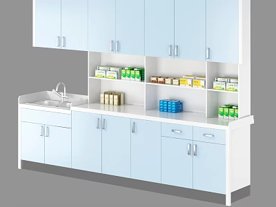Light Blue Kitchen Interior With White Countertop Sink Cabinets And Storage Shelves With Items 3d model