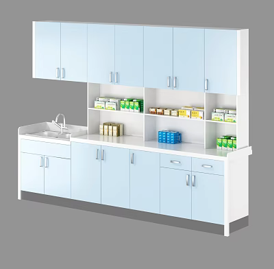 Light Blue Kitchen Interior With White Countertop Sink Cabinets And Storage Shelves With Items 3d model