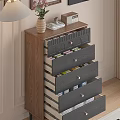 Wooden Chest of Drawers Featuring Dark Blue Drawers Golden Handles And Top Vase Books Clock
