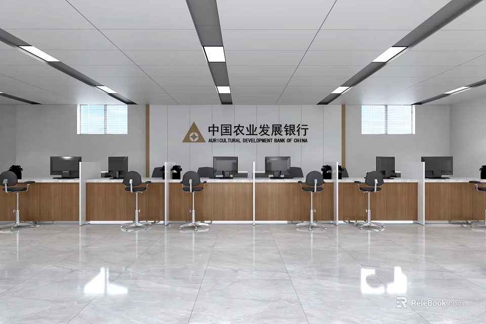 Modern Agricultural Development Bank Interior With Service Counters Computers Chairs And Marble Floor 3d model 