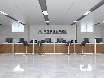 Modern Agricultural Development Bank Interior With Service Counters Computers Chairs And Marble Floor 3d model