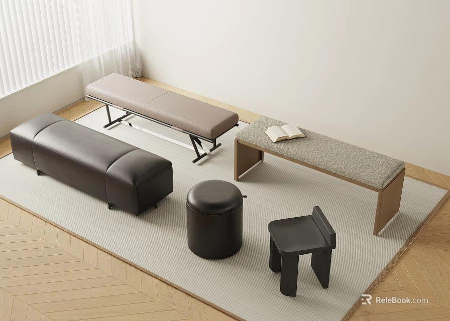 Different Black Stools Including Round Square And Rectangular In Indoor Room With Rug And Table 3d model