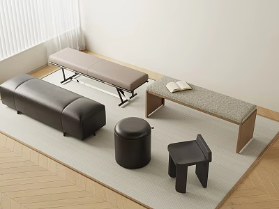 Different Black Stools Including Round Square And Rectangular In Indoor Room With Rug And Table 3d model