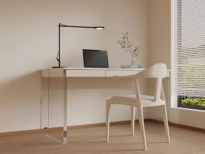Modern White Desk Setup With Laptop Desk Lamp Small Plant And White Chair By Window 3d model