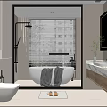 Modern Minimalist Bathroom With Bathtub Towel Shower Window Blinds Wooden Vanity Mirror And Light Tiles