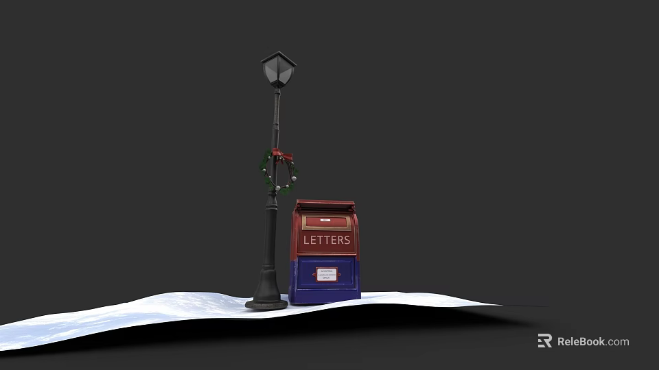 Garden Landscape Featuring Decorative Lamp Post Red Blue Mailbox And Snow Covered Ground 3d model 