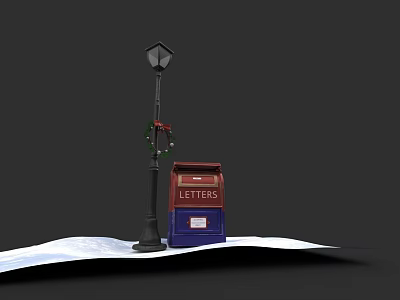 Garden Landscape Featuring Decorative Lamp Post Red Blue Mailbox And Snow Covered Ground 3d model