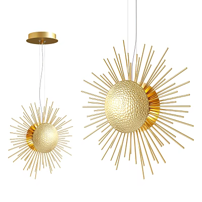 Two Modern Golden Sunburst Design Chandeliers With Spherical Hammered Texture 3d model