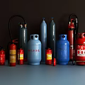 Fire Equipment Including Blue Gray Red Gas Cylinders Red Fire Extinguisher And Metal Parts