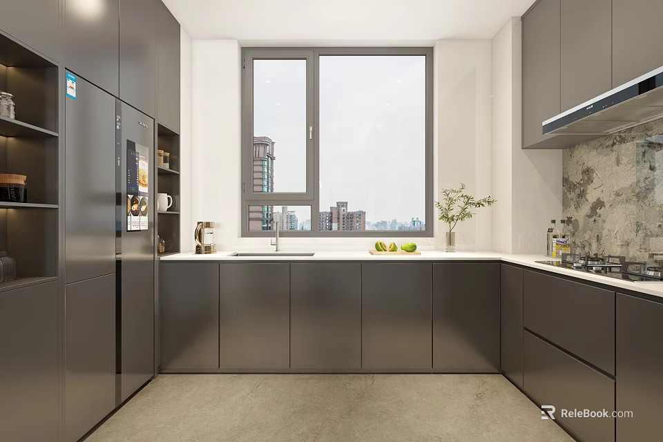 Modern Kitchen Interior With Gray Cabinets Large Window City View And Countertop Fruits Plant 3d model 